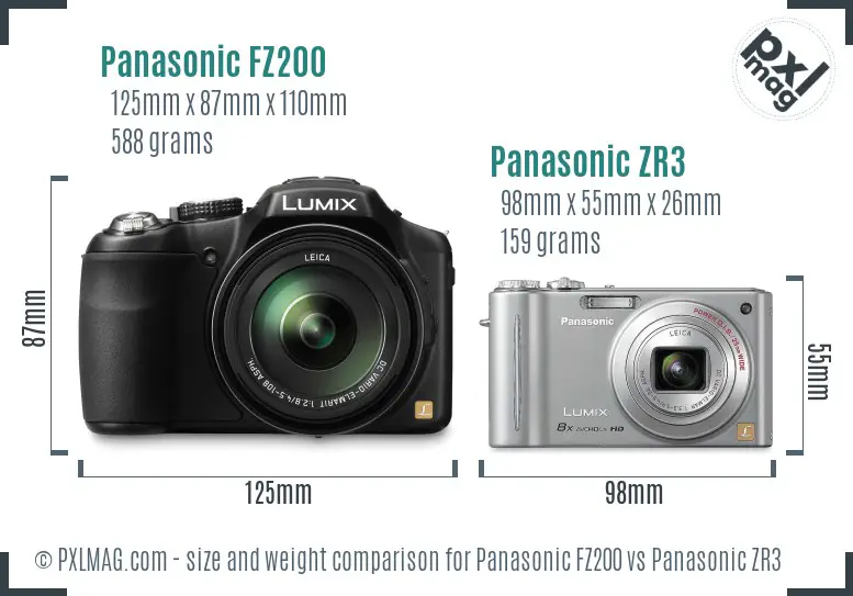 Panasonic FZ200 vs Panasonic ZR3 size comparison