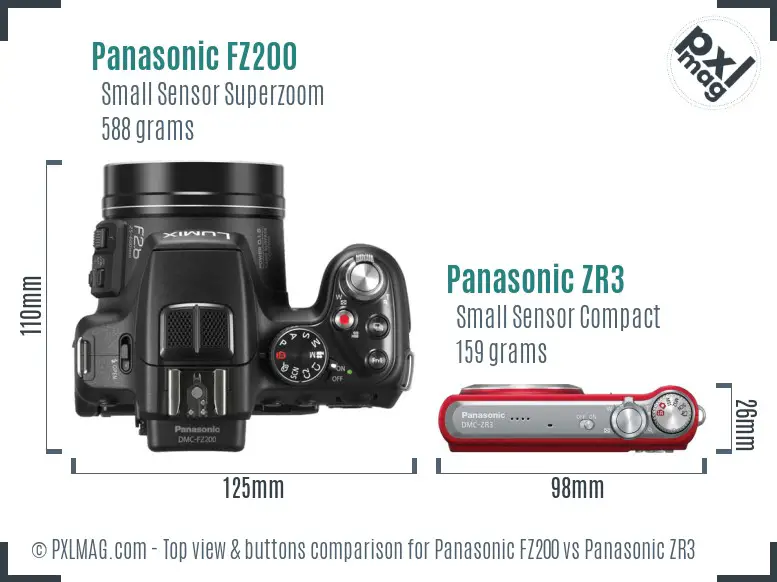 Panasonic FZ200 vs Panasonic ZR3 top view buttons comparison