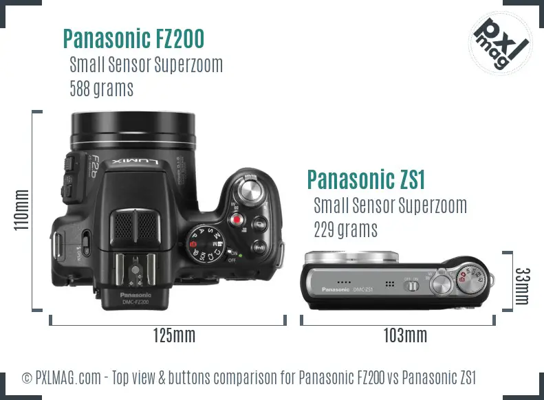 Panasonic FZ200 vs Panasonic ZS1 top view buttons comparison