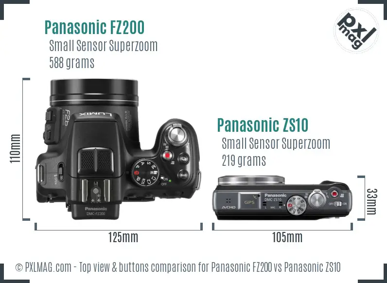 Panasonic FZ200 vs Panasonic ZS10 top view buttons comparison