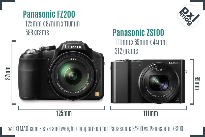 Panasonic FZ200 vs Panasonic ZS100 size comparison