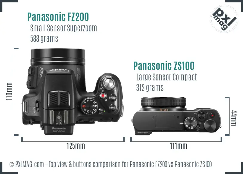 Panasonic FZ200 vs Panasonic ZS100 top view buttons comparison