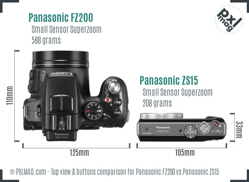 Panasonic FZ200 vs Panasonic ZS15 top view buttons comparison