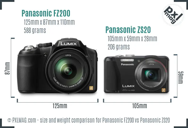 Panasonic FZ200 vs Panasonic ZS20 size comparison