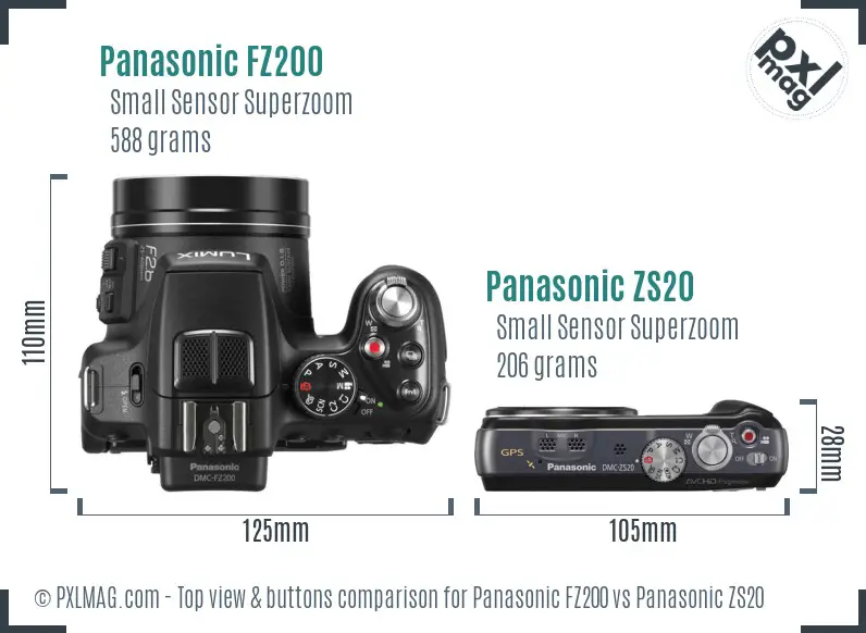 Panasonic FZ200 vs Panasonic ZS20 top view buttons comparison
