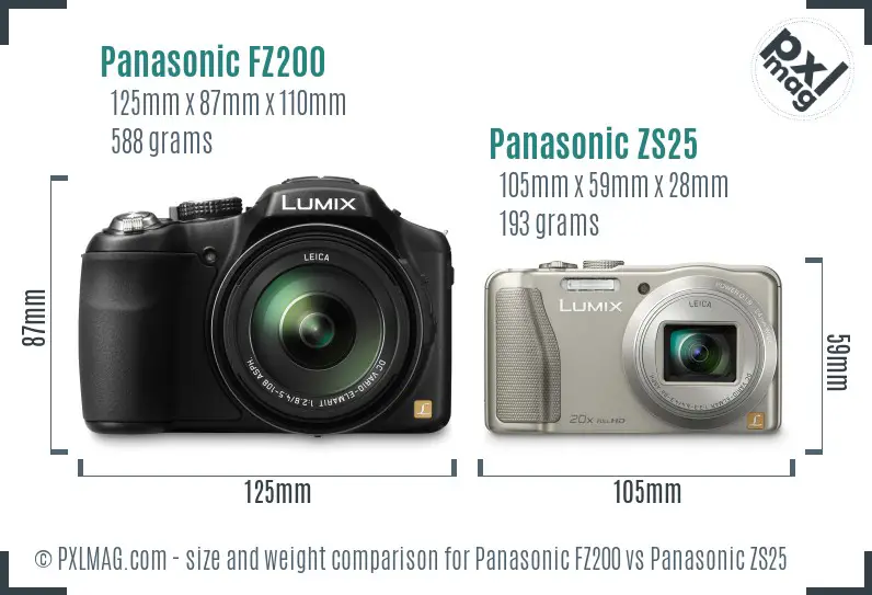 Panasonic FZ200 vs Panasonic ZS25 size comparison