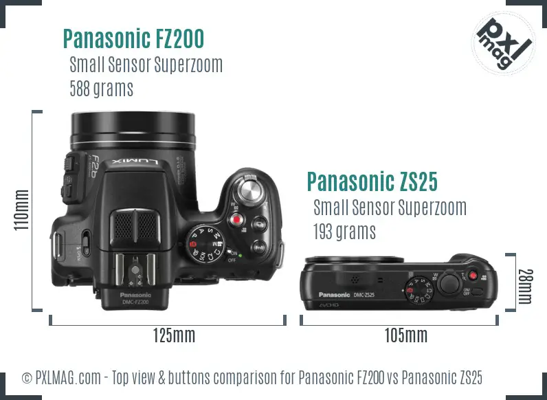 Panasonic FZ200 vs Panasonic ZS25 top view buttons comparison