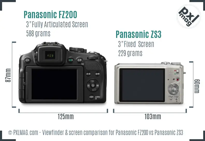 Panasonic FZ200 vs Panasonic ZS3 Screen and Viewfinder comparison