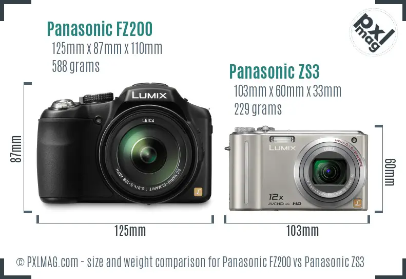 Panasonic FZ200 vs Panasonic ZS3 size comparison