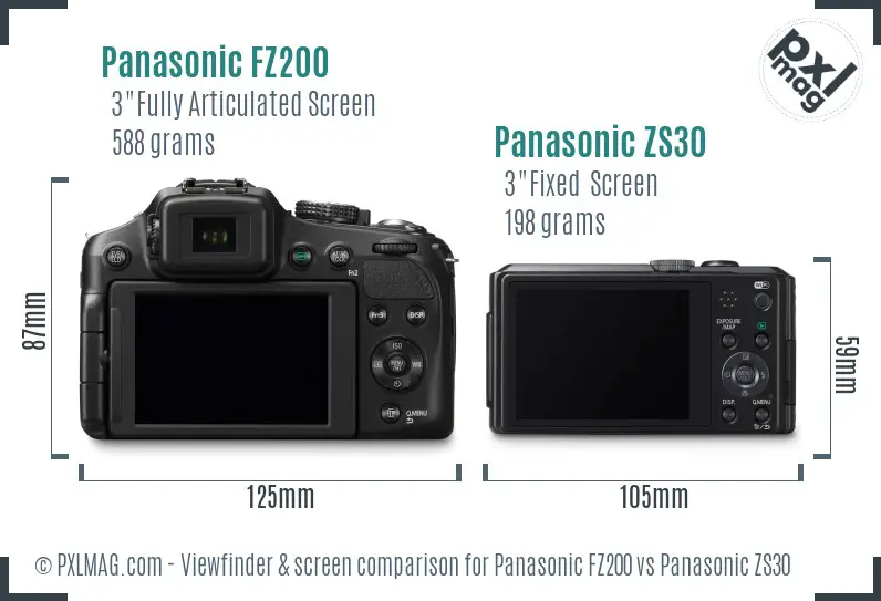 Panasonic FZ200 vs Panasonic ZS30 Screen and Viewfinder comparison