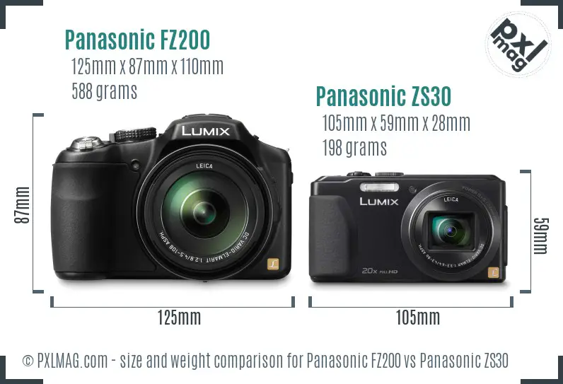 Panasonic FZ200 vs Panasonic ZS30 size comparison