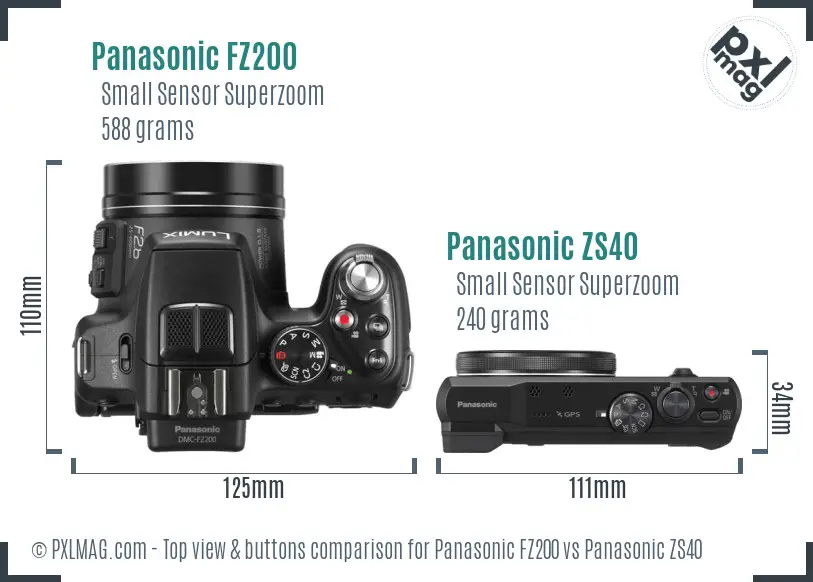 Panasonic FZ200 vs Panasonic ZS40 top view buttons comparison