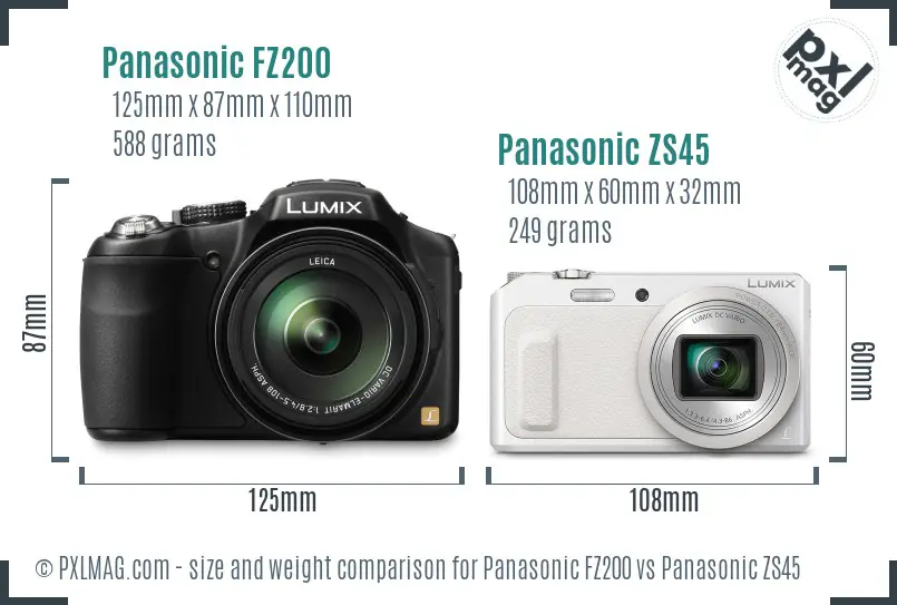 Panasonic FZ200 vs Panasonic ZS45 size comparison