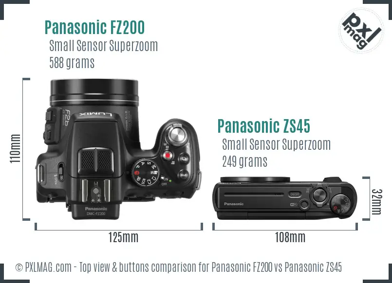 Panasonic FZ200 vs Panasonic ZS45 top view buttons comparison