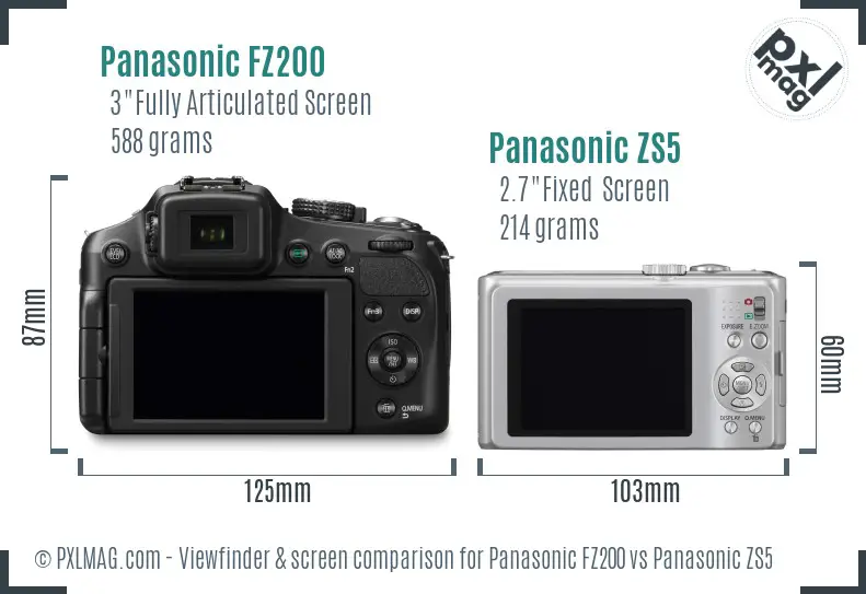 Panasonic FZ200 vs Panasonic ZS5 Screen and Viewfinder comparison