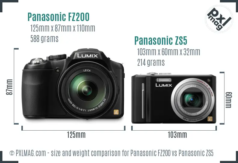 Panasonic FZ200 vs Panasonic ZS5 size comparison
