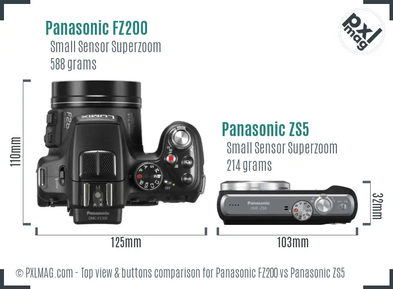 Panasonic FZ200 vs Panasonic ZS5 top view buttons comparison
