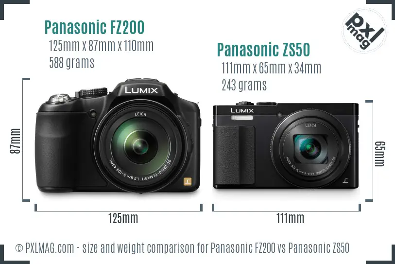 Panasonic FZ200 vs Panasonic ZS50 size comparison