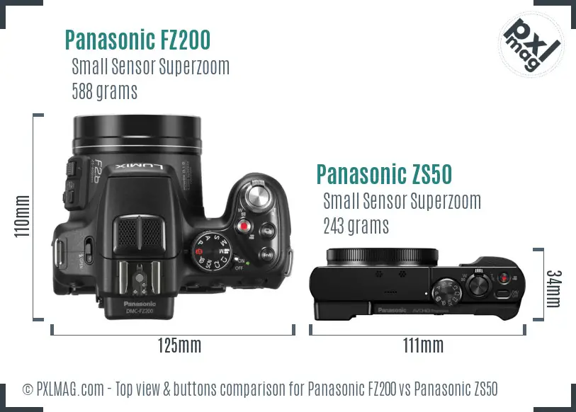 Panasonic FZ200 vs Panasonic ZS50 top view buttons comparison
