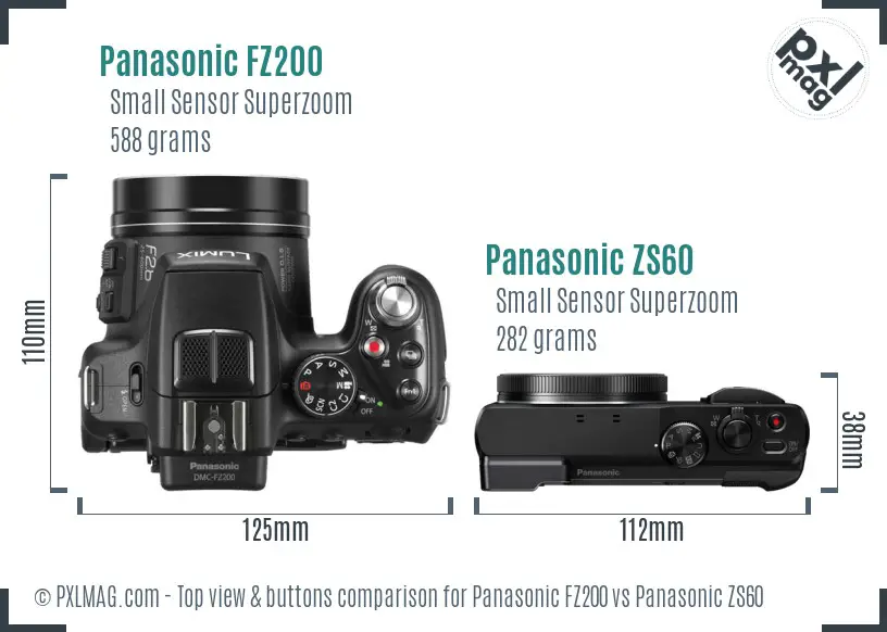 Panasonic FZ200 vs Panasonic ZS60 top view buttons comparison