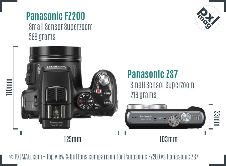 Panasonic FZ200 vs Panasonic ZS7 top view buttons comparison