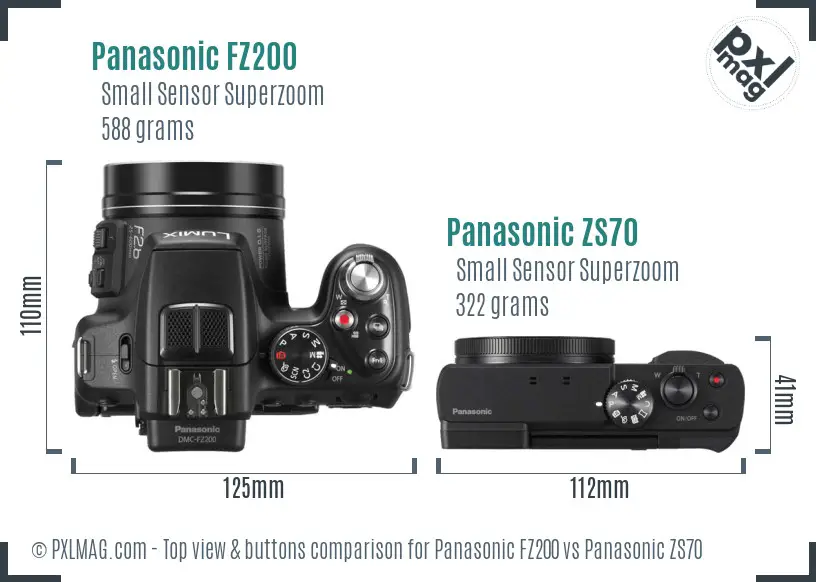 Panasonic FZ200 vs Panasonic ZS70 top view buttons comparison