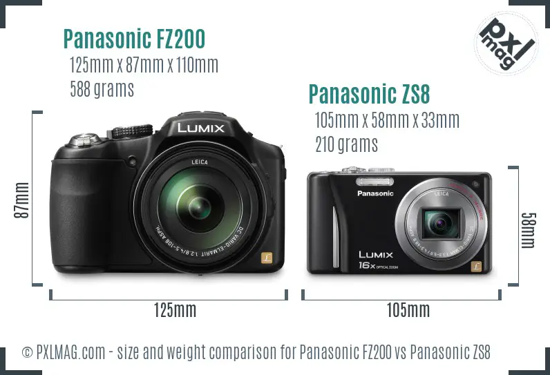Panasonic FZ200 vs Panasonic ZS8 size comparison