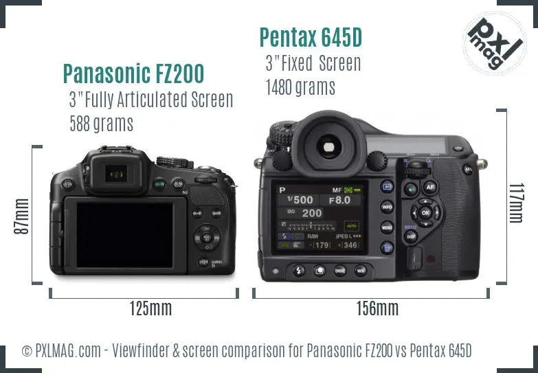 Panasonic FZ200 vs Pentax 645D Screen and Viewfinder comparison