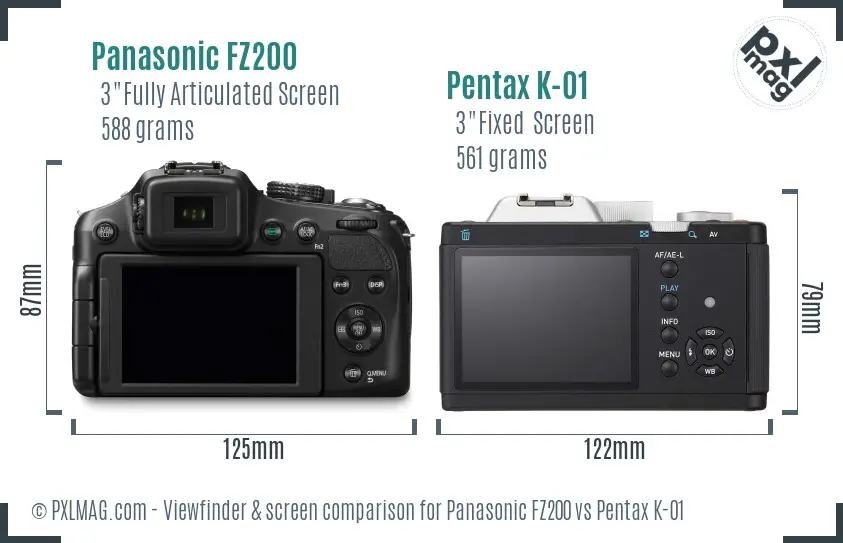 Panasonic FZ200 vs Pentax K-01 Screen and Viewfinder comparison