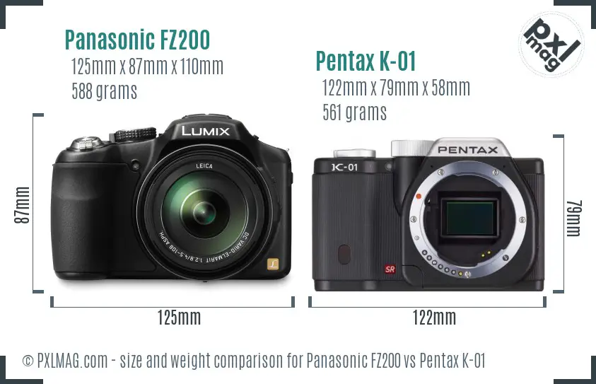 Panasonic FZ200 vs Pentax K-01 size comparison