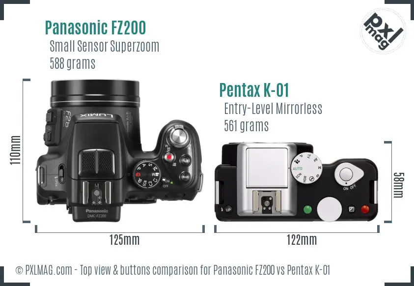 Panasonic FZ200 vs Pentax K-01 top view buttons comparison