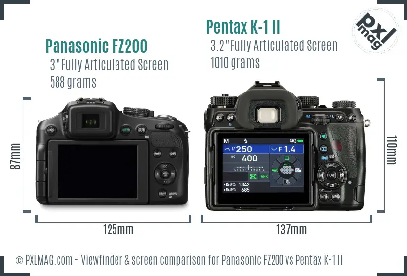 Panasonic FZ200 vs Pentax K-1 II Screen and Viewfinder comparison
