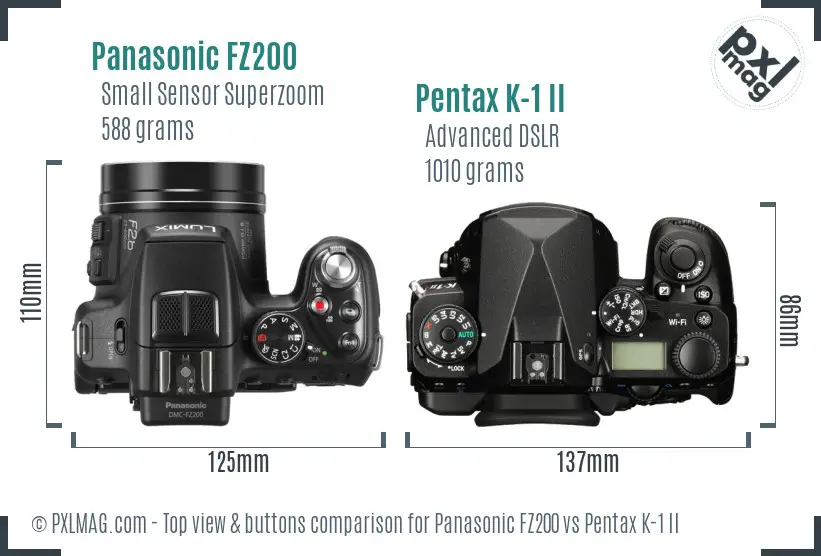 Panasonic FZ200 vs Pentax K-1 II top view buttons comparison