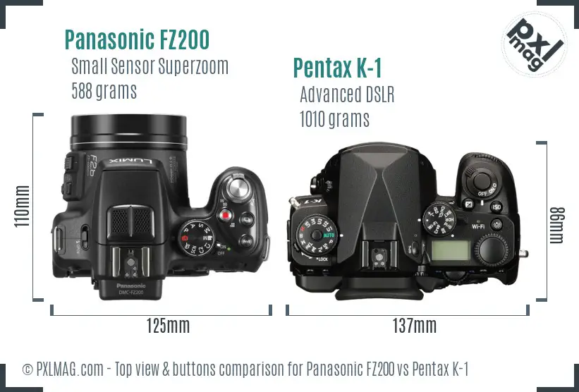 Panasonic FZ200 vs Pentax K-1 top view buttons comparison