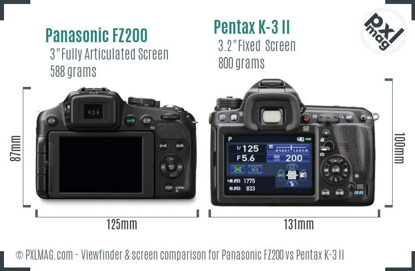 Panasonic FZ200 vs Pentax K-3 II Screen and Viewfinder comparison