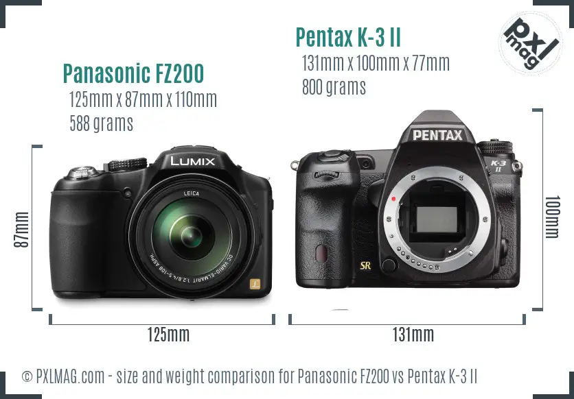Panasonic FZ200 vs Pentax K-3 II size comparison