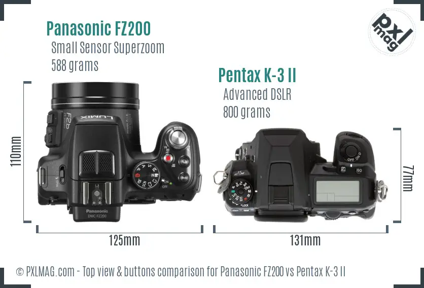 Panasonic FZ200 vs Pentax K-3 II top view buttons comparison