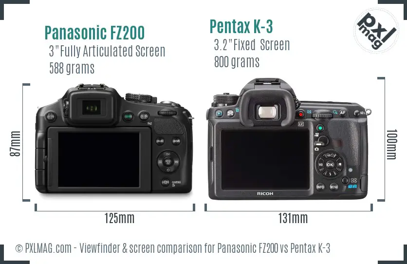 Panasonic FZ200 vs Pentax K-3 Screen and Viewfinder comparison