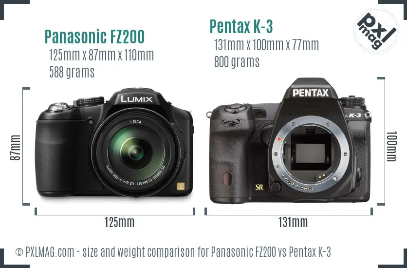 Panasonic FZ200 vs Pentax K-3 size comparison