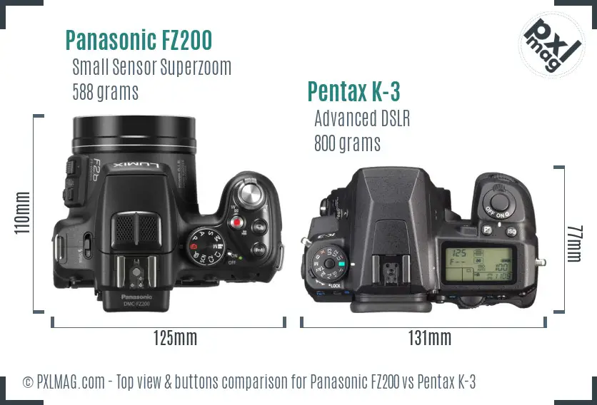 Panasonic FZ200 vs Pentax K-3 top view buttons comparison
