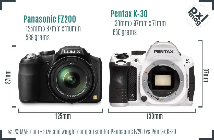 Panasonic FZ200 vs Pentax K-30 size comparison