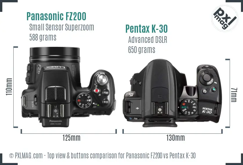 Panasonic FZ200 vs Pentax K-30 top view buttons comparison