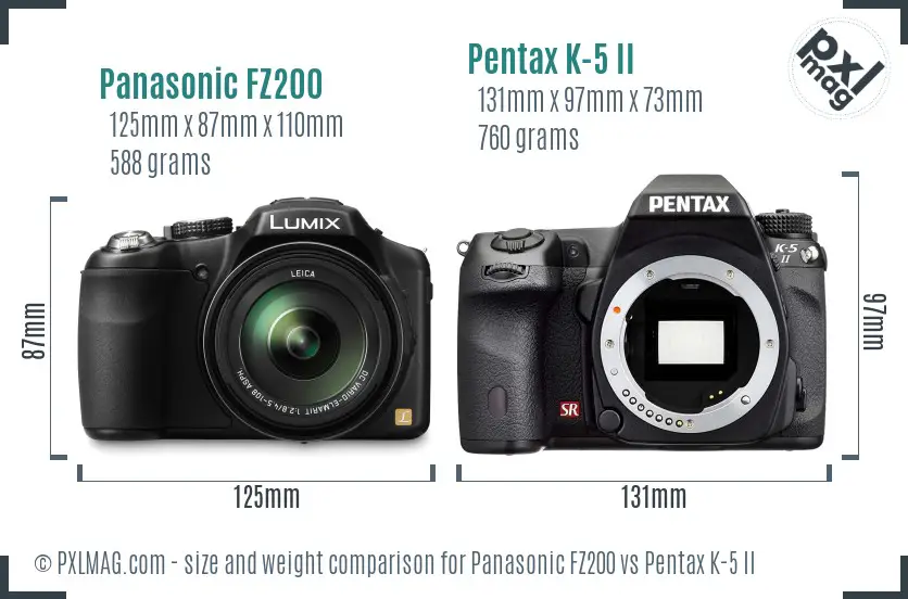 Panasonic FZ200 vs Pentax K-5 II size comparison