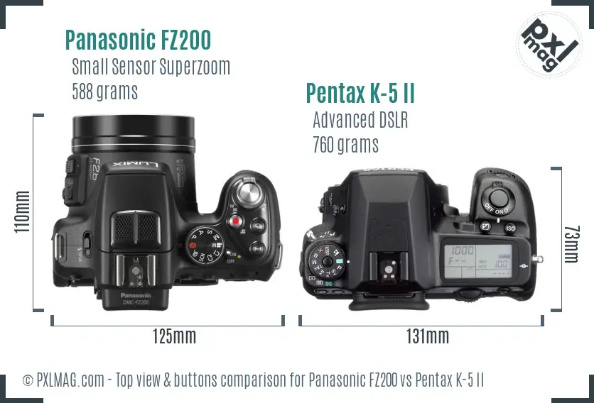 Panasonic FZ200 vs Pentax K-5 II top view buttons comparison