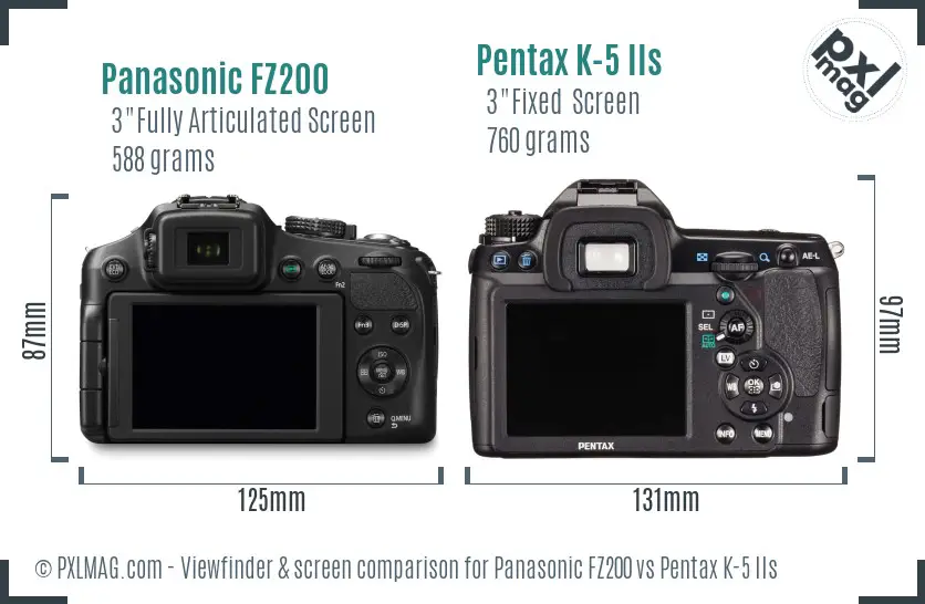 Panasonic FZ200 vs Pentax K-5 IIs Screen and Viewfinder comparison