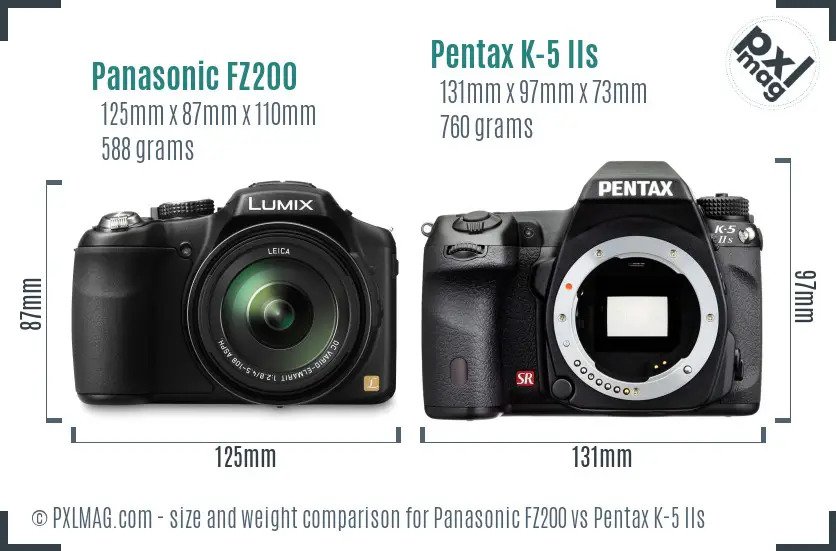 Panasonic FZ200 vs Pentax K-5 IIs size comparison