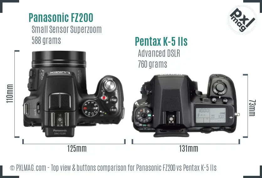 Panasonic FZ200 vs Pentax K-5 IIs top view buttons comparison