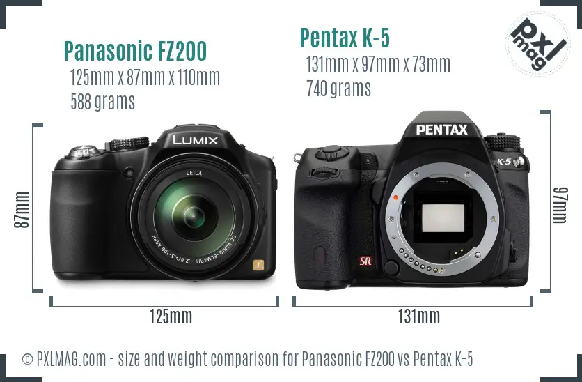 Panasonic FZ200 vs Pentax K-5 size comparison