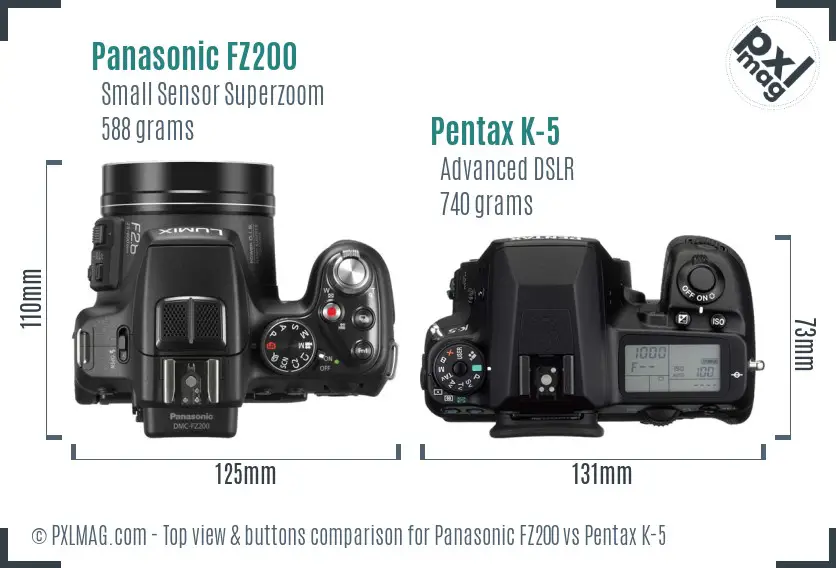 Panasonic FZ200 vs Pentax K-5 top view buttons comparison