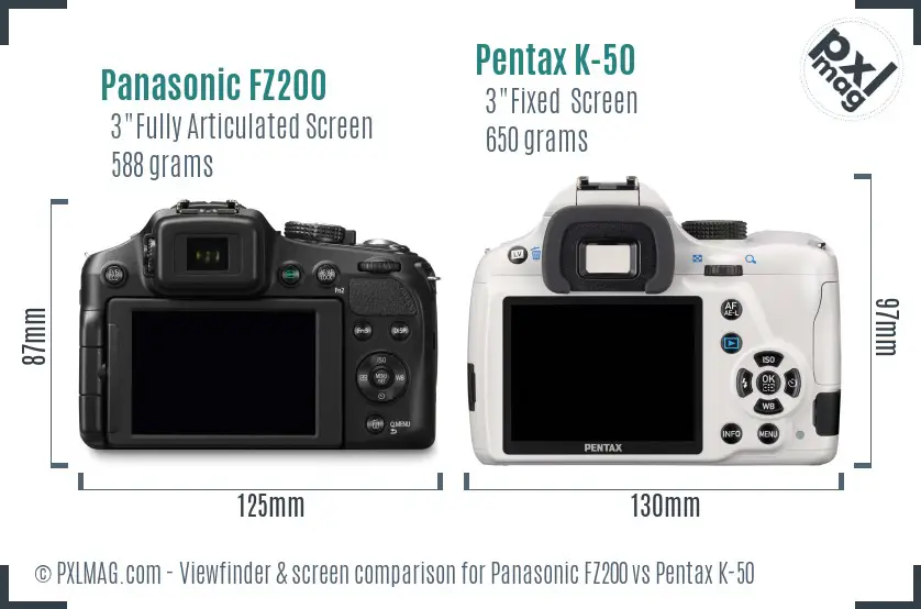 Panasonic FZ200 vs Pentax K-50 Screen and Viewfinder comparison